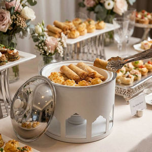 Calentador de Comida Tipo Buffet de Acero Inoxidable, Diseño de Lujo con Tapa Plateada Martillada y Base con Diseño de Arco Beige, Unidad Individual - Product Image 6
