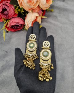 Ethnic Chandbali Ghungroo Jhumka Chandelier Earrings Antique Gold Plated <b>Artificial</b> <b>Jewellery</b> For Women Festive Wear Collections - Product Image 3