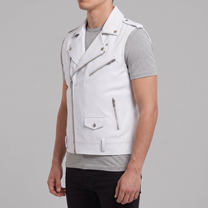 <b>White</b> Genuine Leather Casual Winter Motorcycle Puffer <b>Vest</b> <b>Men</b> Biker Zipper Outerwear Riding Jacket - Product Image 3