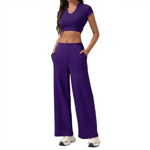Royal Purple Crew Neck Short Sleeve <b>Crop</b> <b>Top</b> Wide Leg Pants Activewear Set Spandex/Nylon Quick Dry Casual Gym Fitness Sportswear - Product Image 1