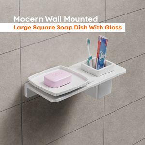 Double Layer Glass Soap Dish Wall Mounted Square Dual <b>Tray</b> Metal Holder Heavy Duty Bathroom Storage Rack Silver Finish Set - Product Image 2