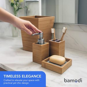Ensemble d'accessoires de salle de bain en bois naturel de luxe écologique à 5 pièces, très vendu, plateau, distributeur de lotion, porte-savon, brosse à dents - Product Image 2
