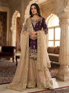 Conjunto Sharara de seda pesada bordada para mujer, con dupatta, largo hasta el suelo, estilo étnico, para bodas y fiestas, en oferta. - Product Image 3