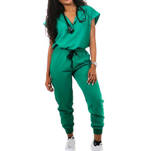 Ensemble de blouses médicales vertes pour femmes, en coton et polyester tissé, pantalon et haut à col en V, avec poche pour stéthoscope, prêt à porter - Product Image 1