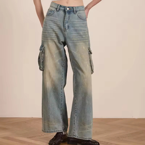 Nouveau Jean Cargo Homme Taille Haute 2026 en Denim Délavé Coupe Ample Jambe Large avec Grandes Poches Latérales Style Automne - Product Image 6