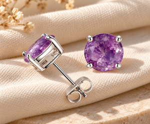 Amethyst Quartz Prong Set <b>Stud</b> Earrings - Handmade <b>Silver</b> Plated 6 mm Round Gemstone <b>Stud</b> Earrings Gift For Love - Product Image 1