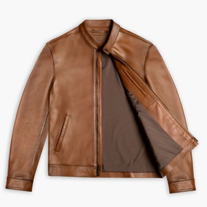 Mens Tan Brown Genuine Leather Streetwear Jacket Band Collar <b>Zip</b> Front Slimfit Minimalist Premium Casual Custom Winter Outerwear - Product Image 3
