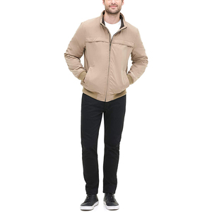 <b>Men's</b> Beige Solid Color Zipper Closure Stand Collar OEM Service Polyester Material Regular Fit Value To Money Bomber <b>Jacket</b> - Product Image 1