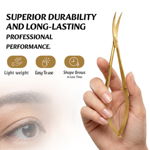Ciseaux à sourcils professionnels en acier inoxydable avec revêtement or plasma, logo et emballage personnalisés pour outils de maquillage par Bahasa Pro - Product Image 6