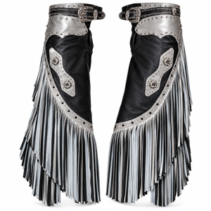 Black Silver Leather Chinks | Western <b>Cowboy</b> Riding <b>Chaps</b> Two Tone Fringe Studded Ranch Rodeo Equestrian Horse Riding Tack Gears - Product Image 1