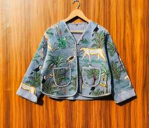 Quilted Kantha Cotton <b>Jacket</b> Floral Hand Block Printed <b>Reversible</b> Boho Women Tie Up Short <b>Jacket</b> Lightweight Outerwear - Product Image 3
