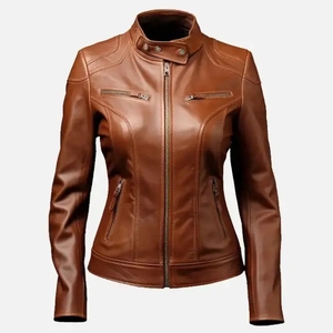 Chaleco de cuero de manga larga estilo chaqueta, ¡Gran oferta! Chaleco de moto vintage transpirable de cuero genuino negro para mujer con un solo botón frontal. - Product Image 1