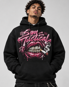 Sam Taktischer Hoodie Herren Übergroßer Schwarzer Baumwoll-French-Terry Hip-Hop-Print Sweatshirt mit Vordertasche und Grafikdesign - Product Image 5