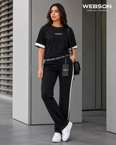 Ensemble de survêtement noir pour femme WABSON SPORTS, manches longues, à capuche, couleur unie, coupe régulière, poches latérales, vêtements décontractés d'hiver, 100% coton - Product Image 2