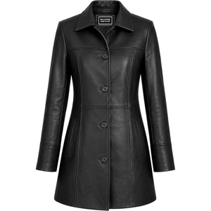 Manteau long en cuir pour femme, élégant, avec fermeture boutonnée, vêtement d'extérieur tendance, veste longue classique, personnalisable OEM, marque privée - Product Image 4