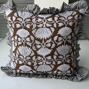 Floral Ruffle Cushion Cover Square Bohemian Style Home Decor Pillowcase Brown <b>White</b> Pattern - Product Image 4