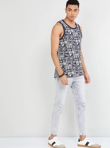Camiseta sin mangas con estampado de patchwork para hombre, cuello redondo, ropa informal, transpirable, de algodón tejido. - Product Image 4