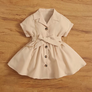 Toddler Girls Beige Button-Front Shirt Dress with <b>Waist</b> Bow & <b>Chain</b> Detail - Product Image 1