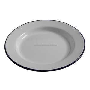 Assiettes et plats de service pour collations, assiette en métal émaillé avec bord bleu, passe au lave-vaisselle, assiettes décoratives pour fruits et desserts pour café - Product Image 1