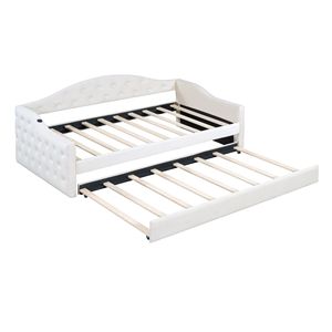 Divano letto imbottito con tufting a due dimensioni Beige con divano letto in velluto a rotelle con porte di ricarica USB & Type-C senza scatola-molla necessaria - Product Image 6