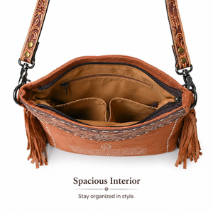 Bolso bandolera de cuero genuino de gamuza occidental con flecos de cuero floral grabados a mano, correa ajustable, elegante bolso de moda para mujer. - Product Image 4