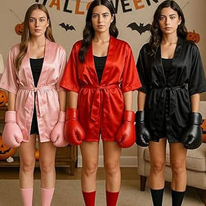 3 Conjuntos de Disfraces de Boxeo de Halloween para Mujer, Traje de Boxeadora Negro, Rojo y Rosa, Cosplay con Bata de Satén, Guantes de Boxeo y Calcetines - Product Image 4
