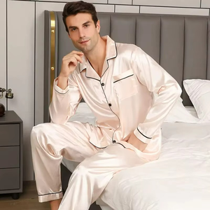 <b>Men's</b> Casual Home Wear Two Pieces Sleepwear <b>Set</b> Long Sleeve Button Shirt Top Long Pants Loungewear <b>Men's</b> Ice Silk <b>Pajamas</b> <b>Set</b> - Product Image 2