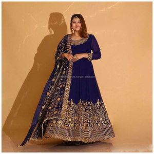 2024 nouvelle robe traditionnelle indienne pakistanaise Georgette Salwar Kameez pour les femmes longue tenue ethnique avec dentelle travail pour les fêtes - Product Image 4