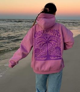 Sudadera con capucha extragrande para mujer Under The Palms, diseño floral morado en la espalda, tejido de algodón, estilo casual para otoño - Product Image 4