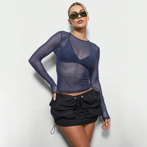 Camiseta deportiva de manga larga de malla ajustada con logo para entrenamiento, correr, yoga, ropa de fitness para mujer, camiseta de malla de manga larga. - Product Image 1