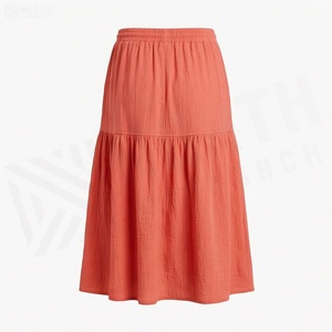 Jupe midi évasée corail pour femme, taille élastique avec cordon de serrage, décontractée, été, couleur unie, mélange viscose et coton - Product Image 2