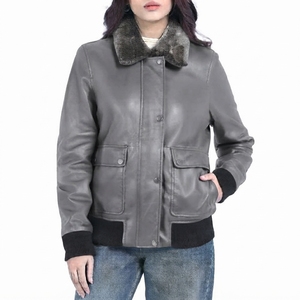 <b>Women's</b> Genuine Sheepskin <b>Bomber</b> <b>Jacket</b> With Fur Collar Full Sleeve Winter <b>Leather</b> Coat Solid Color Patch Pockets - Product Image 3