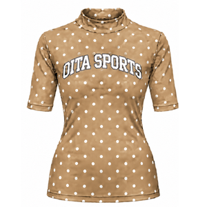 Beige Polka Dot Women <b>Mock</b> <b>Neck</b> Short Sleeve T Shirt Slim Fit Stretch Printed Casual <b>Top</b> Fashion Summer Clothing Wholesale - Product Image 1