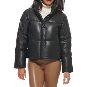 Veste matelassée en cuir PU noir, col montant, fermeture éclair, coupe-vent, courte, d'hiver, unisexe, style décontracté - Product Image 1