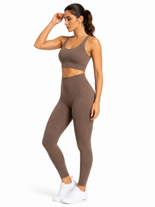 Ensemble de yoga 2 pièces : Crop top dos nageur et Legging long taille haute côtelé sans couture en Spandex et Polyester extensible dans les quatre sens - Product Image 4