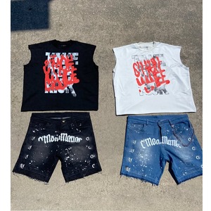 Ensemble chemise sans manches et short en jean pour homme, tenue streetwear, t-shirt sans manches oversize avec short en jean - Product Image 2