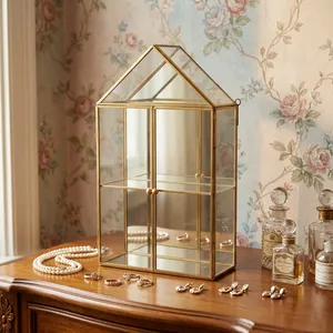 Artisan Design Modern Brass/Glass/Mirror Hut Shape <b>Wall</b> <b>Mounted</b> Double Tier Storage Cabinet with Decorative <b>Shelf</b> - Product Image 1
