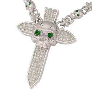 Collar con Colgante de Espada y Calavera Helada, Engaste de Bisel Verde, Bañado en Rodio, Plata de Ley 925, para Hombre, Estilo Hip Hop Gótico, Lujo y Moda - Product Image 4