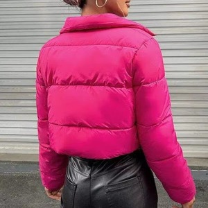 Pink <b>Quilted</b> Crop Jacket Women's <b>Winter</b> Zipper Stand Collar Full Sleeve Solid Color Padded Coat Short Length Fashion Outerwear - Product Image 2