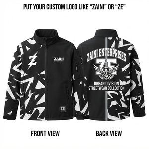 Premium 280 GSM Polyester Softshell <b>Jacket</b> Black White Heat-Transfer Printed Hooded <b>Fleece</b> <b>Lined</b> Custom Logo Outdoor Windproof - Product Image 1