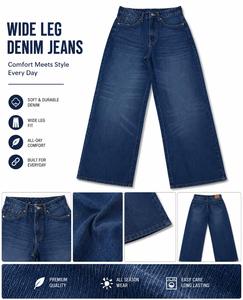 Wide Leg <b>Denim</b> Jeans Mid Waist Loose Fit Lightweight Cotton Casual Solid Color Summer Wear Medium Snow Wash Quick Dry Breathable - Product Image 1