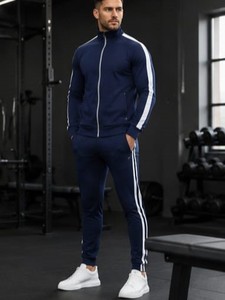 Conjunto Deportivo Azul para Hombre, Manga Larga, Cierre de Cremallera, Estilo Deportivo, Cuello Alto, Color Sólido, Transpirable, Poliéster, Ropa de Otoño - Product Image 3