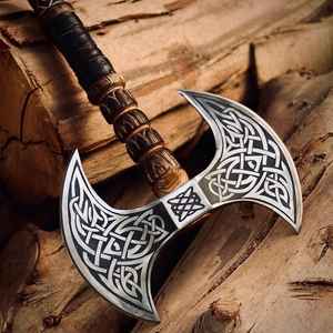 Hacha Vikinga de Doble Cabeza Hecha a Mano, de Acero al Carbono, Forjada, con Funda de Cuero, en Oferta - Product Image 6