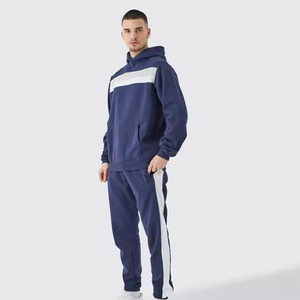 Ensemble survêtement molletonné épais personnalisé OEM pour homme, avec sweat à capuche et pantalon de survêtement color block – Vente en gros - Product Image 1