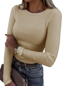 Haut côtelé en maille à manches longues pour femme, col rond, 100 % coton, tissu doux et respirant, logo avant, streetwear, décontracté, coupe confortable - Product Image 2