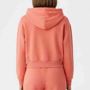 Women's <b>Coral</b> Cropped Hoodie Full Sleeve Zipper Front Logo Print Solid Knitted Cotton Autumn Wear - Product Image 2