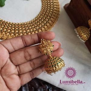 Kerala Kasumala Alloy with Gold Plating Geometric Design Oxidized Polish Finish Bridal Choker and Earring Set for Wedding - Product Image 3