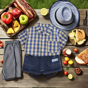 ชุดเสื้อผ้าเด็กผู้ชายลายสก็อตคุณภาพดี แฟชั่นชุดเสื้อเชิ้ตแขนสั้น ผ้าฝ้ายเนื้อนุ่ม - Product Image 5