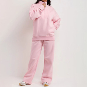 Ensemble de survêtement rose pour femme, demi-zip, manches longues, coupe ample, couleur unie, décontracté, pour l'automne, avec poches latérales - Product Image 1