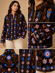 Black Velvet <b>Mandarin</b> <b>Collar</b> <b>Jacket</b> With Floral Embroidery Full Sleeve Autumn Women's Outerwear - Product Image 6